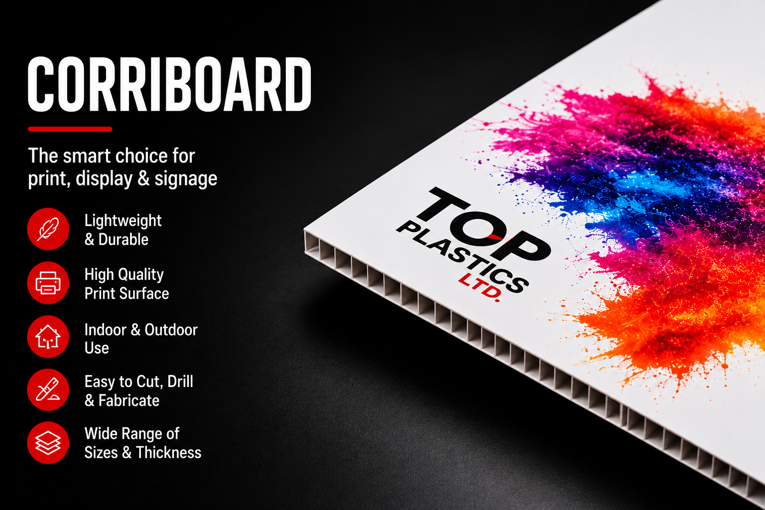 CorriBoard corrugated polypropylene sheet for print, display and signage applications, showing lightweight fluted construction and high-quality printable surface.