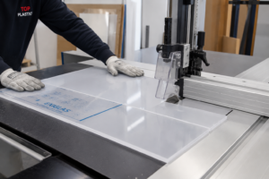 Clear cast acrylic sheet being cut to size at Top Plastics in Ireland