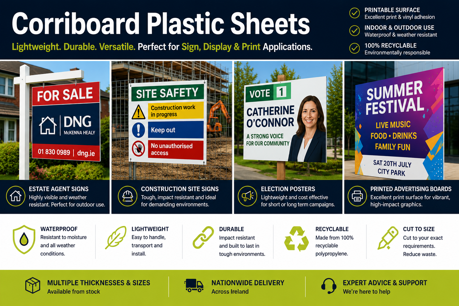 Corriboard Plastic Sheets used for estate agent signs, construction site signs, election posters and printed advertising boards